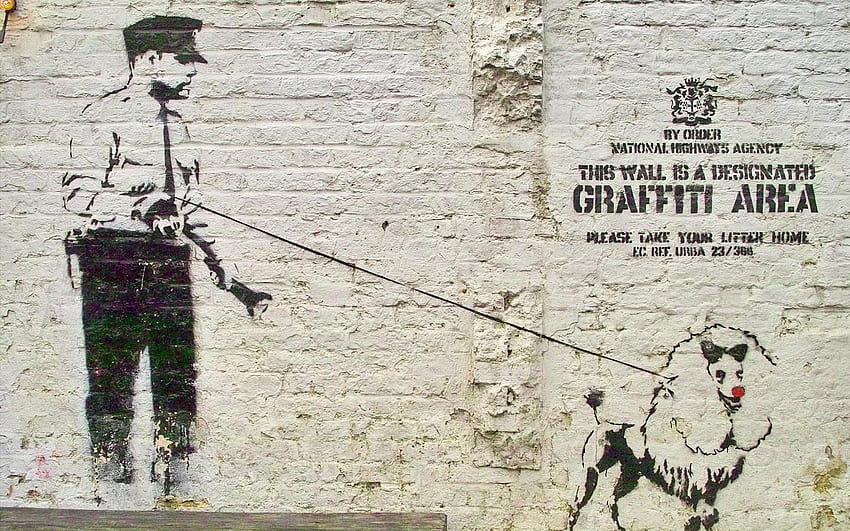 Banksy Designated Graffiti Area, dog, poodle, art, graffiti, cop, banksy, police HD wallpaper