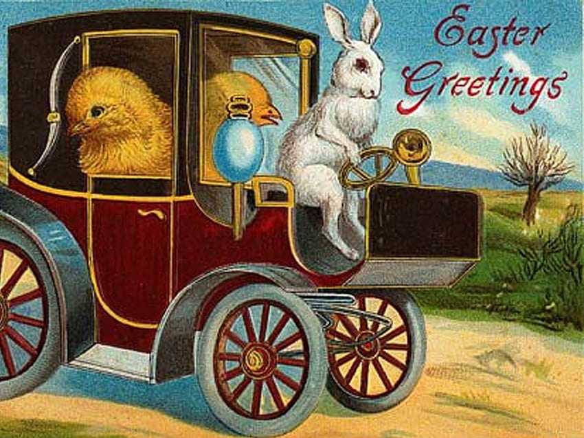 :), card, easter, car, bunny, chick, vintage HD wallpaper