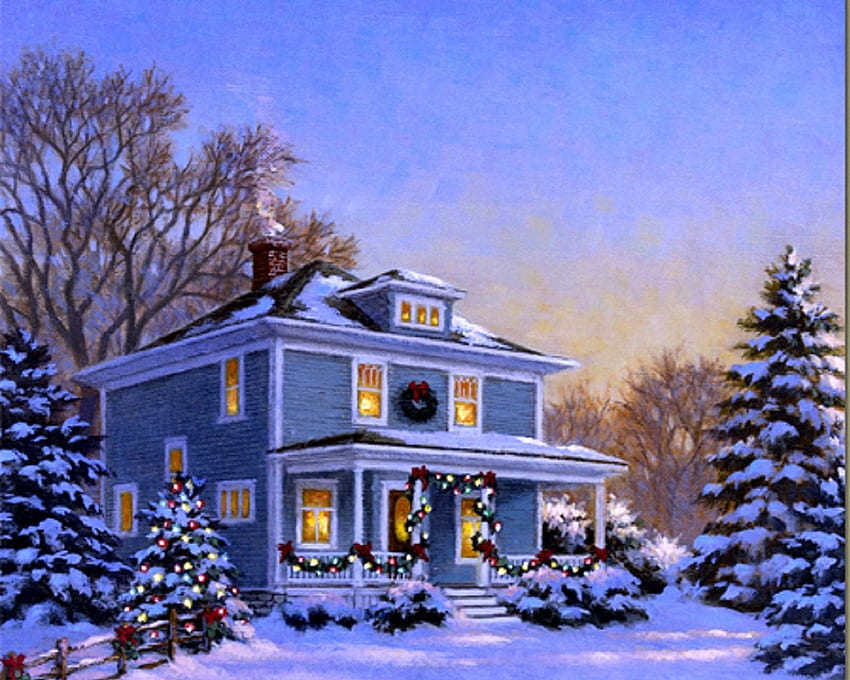 ★クリスマスの伝統★、冬、休日、冬休み、色、家、伝統、雪、クリスマス ツリー、白い木、絵画、美しい、創造的な既製、愛の四季、クリスマス、クリスマス、正月、素敵な家 高画質の壁紙