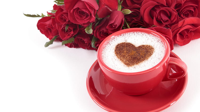 一杯のコーヒー 愛 ハート 赤いバラ ロマンチック 高画質の壁紙