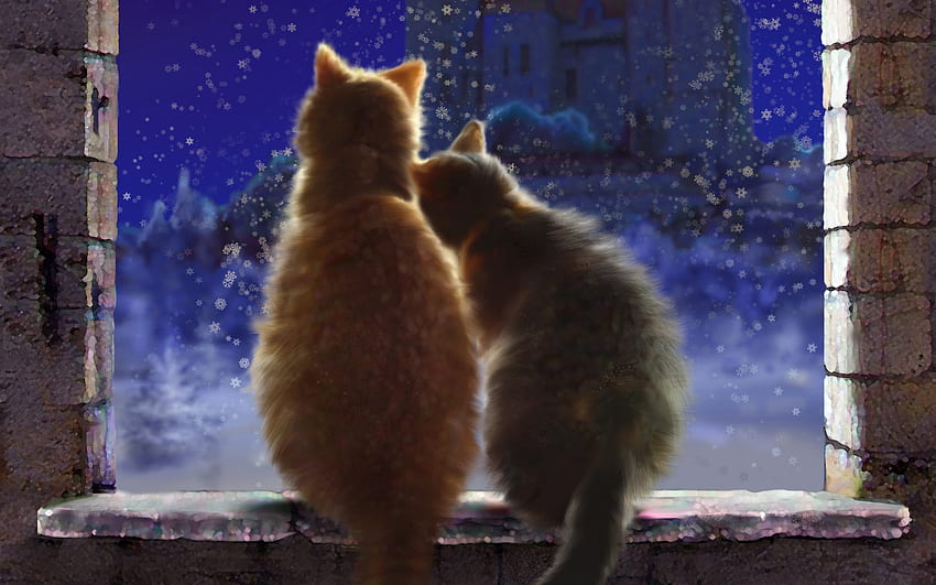 アート 猫 ペア 愛 雪 冬 窓枠 城 夜 雪片 雪 恋 高画質の壁紙