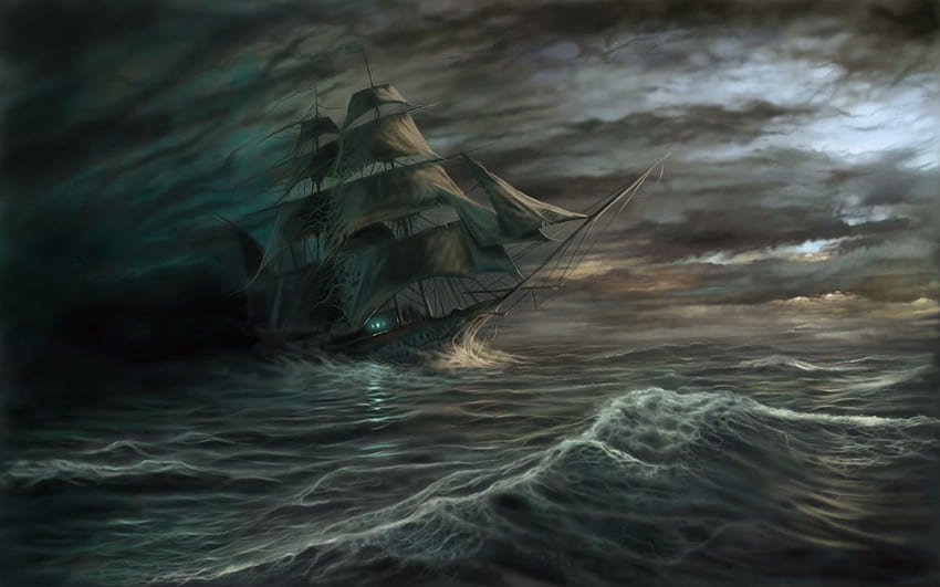 statek fala morze Ghost burzowe chmury noc huragan ciemność woda żaglówki Tapeta HD