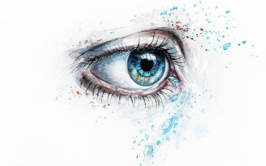 塗られた目、白い背景、女性の目、水彩画、青い目の描画、女性の目、ビジョンの概念 高画質の壁紙