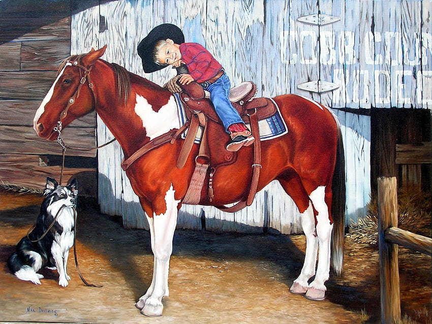 カウボーイキッド、犬、馬、絵画、少年、サドル、カウボーイ、ブーツ、帽子 高画質の壁紙