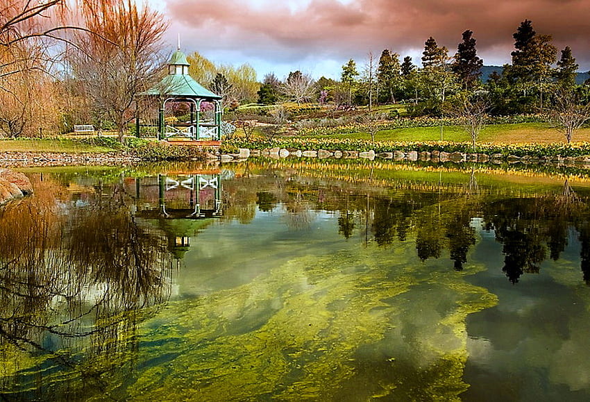 La pagoda, río, verano, reflexión, plantas, árboles, pagoda. fondo de pantalla