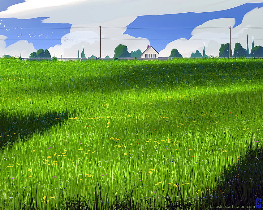 Dom, łąka, sztuka, pole, trawa - malarstwo cyfrowe Trawa pole -, trawiaste pole Tapeta HD