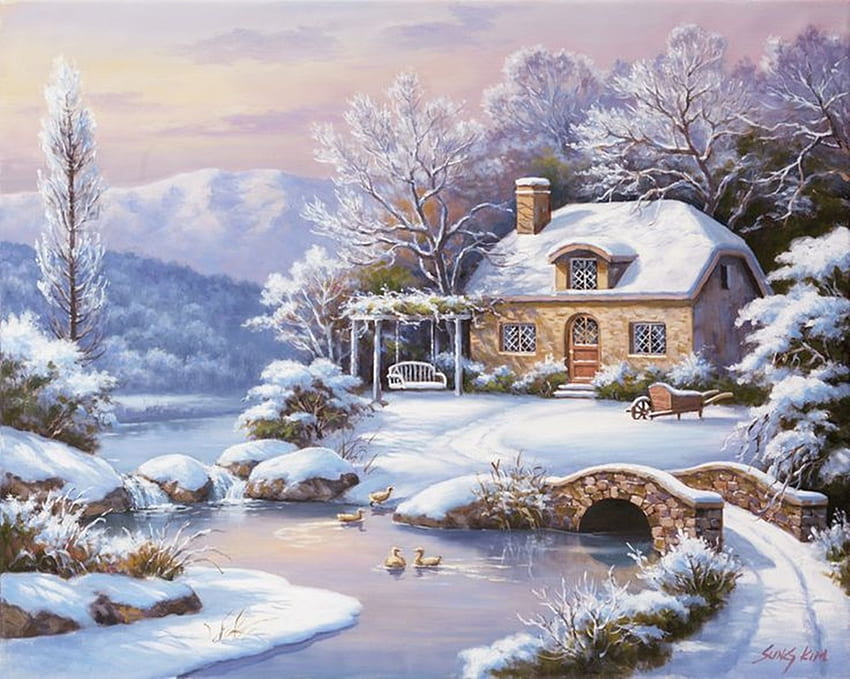 зимна сцена, зима, изкуство, сняг, картини, красота HD тапет