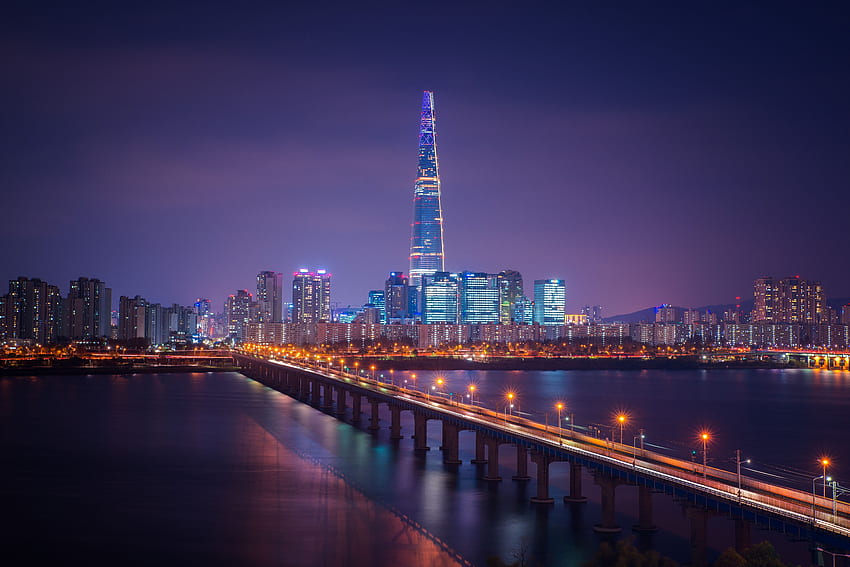 Lotte Tower , Seoul, Stadt, Brücke, Nacht, Lichter der Stadt, Südkorea, Ästhetik, , Welt HD-Hintergrundbild