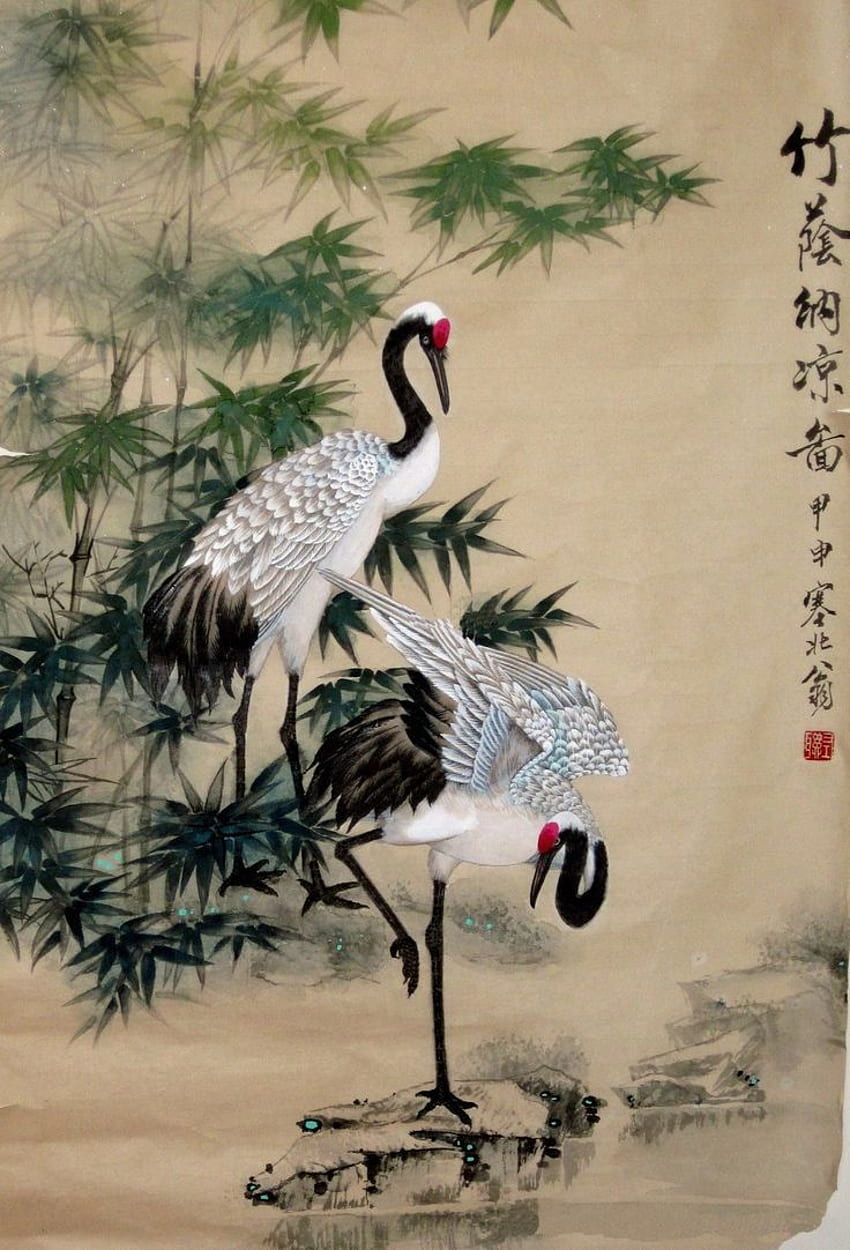 najlepsza sztuka chińska i japońska. Sztuka chińska, japoński ptaków przedstawiający żurawia Tapeta na telefon HD