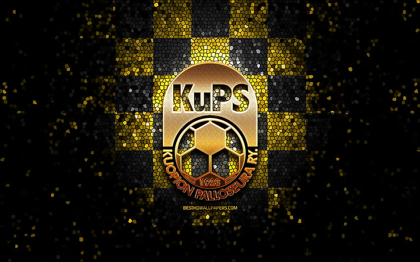 Kuopion Palloseura FC, glitter logo, Veikkausliiga, yellow black checkered background, soccer, finnish football club, KuPS FC logo, mosaic art, football, KuPS FC HD wallpaper