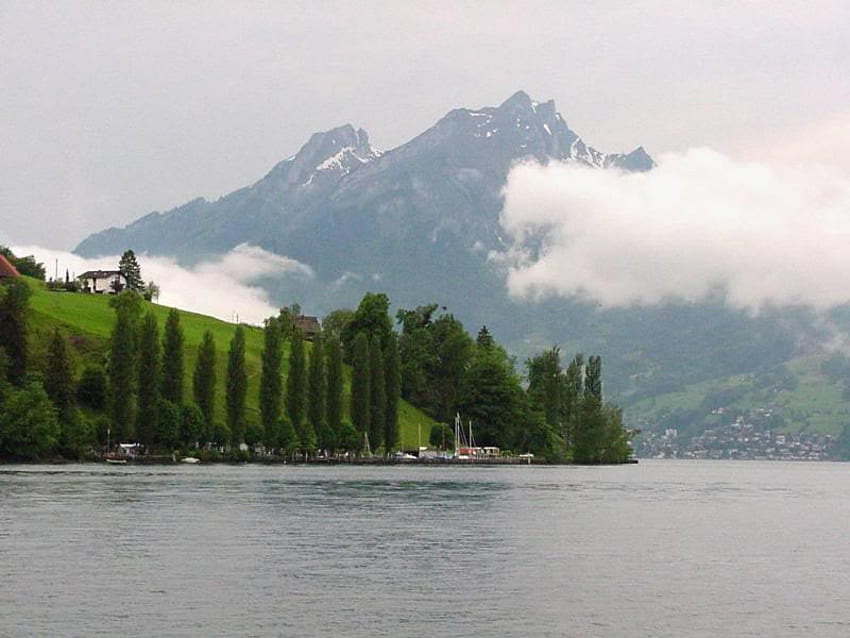 Monte Pilatus en el lago de Lucerna, árboles, cielo, lago, montaña fondo de pantalla