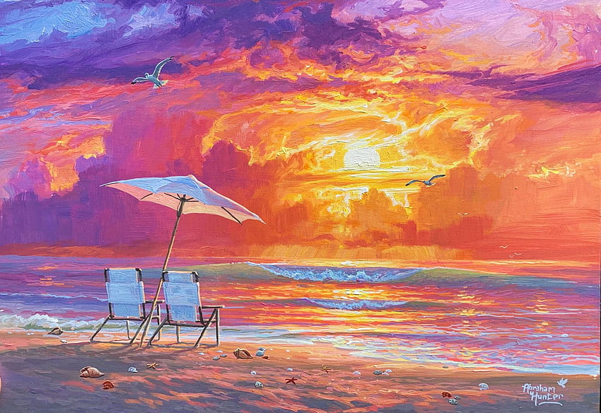 Lover's Beach, artwork, chairs, umbrella, sea, painting, colors, sky, sunset HD wallpaper