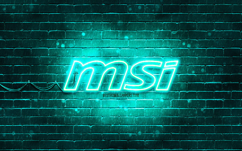 MSI turquoise logo, , turquoise brickwall, MSI logo, brands, MSI neon logo, MSI HD wallpaper