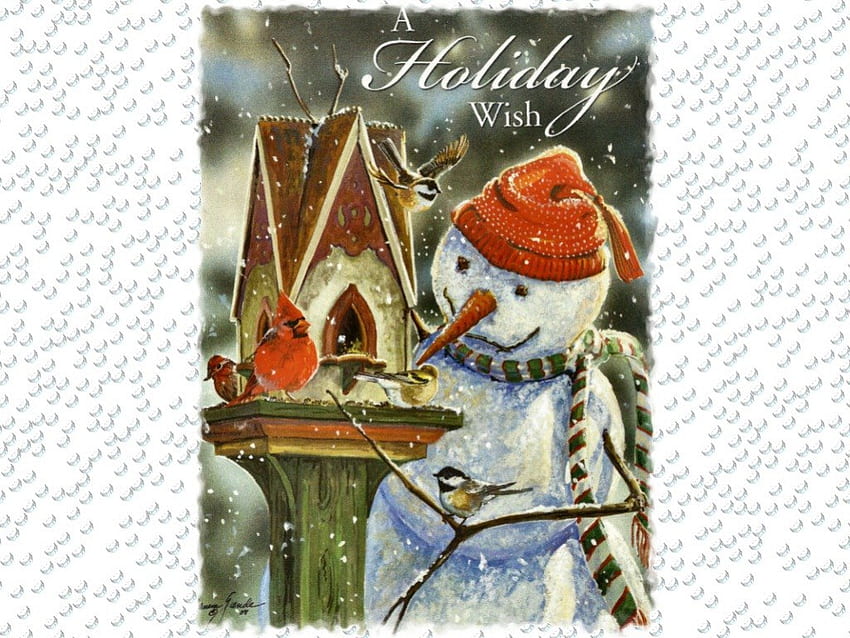 Holiday Wish 2, inverno, uccelli, arte, gesù, illustrazione, opera d'arte, pupazzo di neve, occasione, vacanza, neve, natale, dicembre, salvatore Sfondo HD
