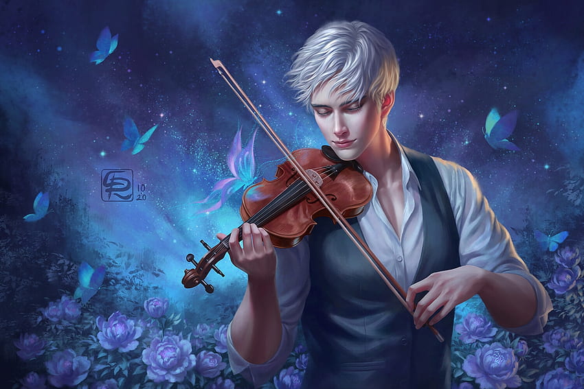 Moonlight sonata, man, gorgeous, luminos, violin, blue, frumusete, crystalrain, superb, instrument, fantasy, butterfly, crystal rain HD wallpaper