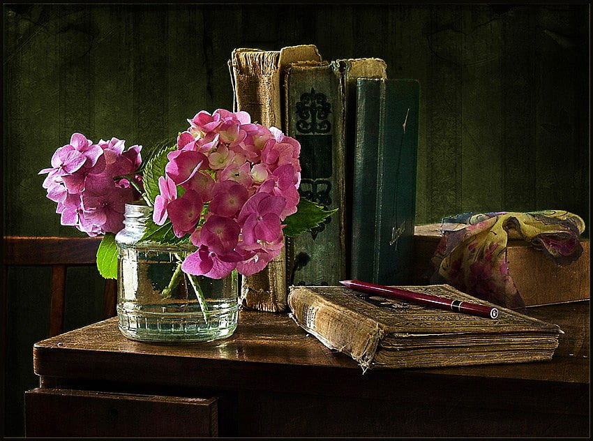 Buku tua, buku, merah muda, compang-camping, hydrangea, vas, meja Wallpaper HD