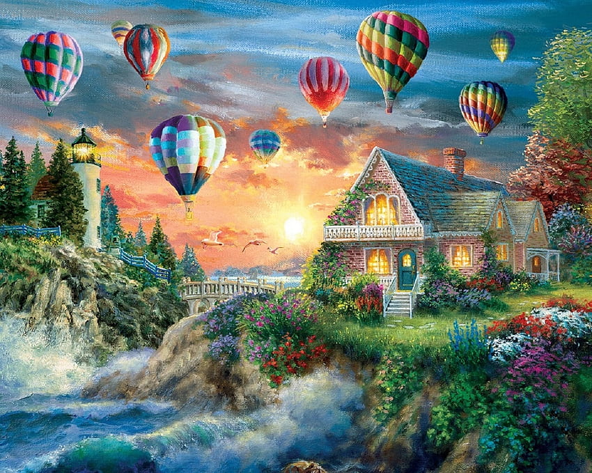 Balloons over Sunset Cove, oceans, sunsets, attractions in dreams, garden, lighthouses, paintings, spring, summer, love four seasons, balloons, clouds, nature, flowers, sky, bridges HD wallpaper