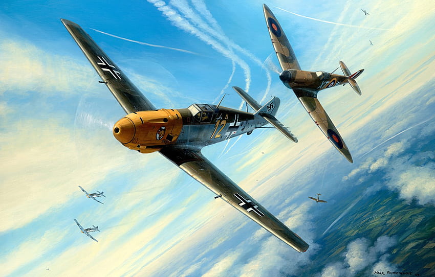 รูป, Messerschmitt, Battle Of Britain, RAF, กองทัพอากาศ, สงครามโลกครั้งที่สอง, Supermarine, Dogfight, Spitfire Mk.I, Bf.109E 4 For , Section авиация วอลล์เปเปอร์ HD
