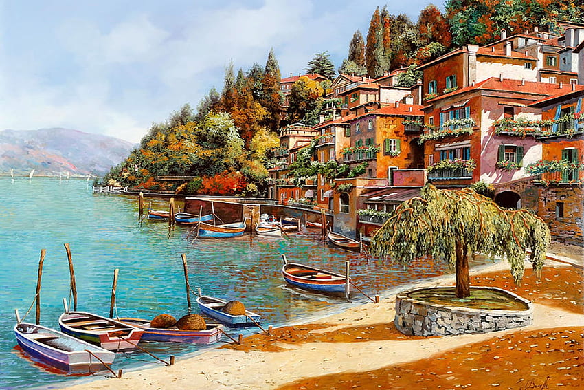 Varenna at lake Como, painting, boats, trees, sky, houses, village HD wallpaper
