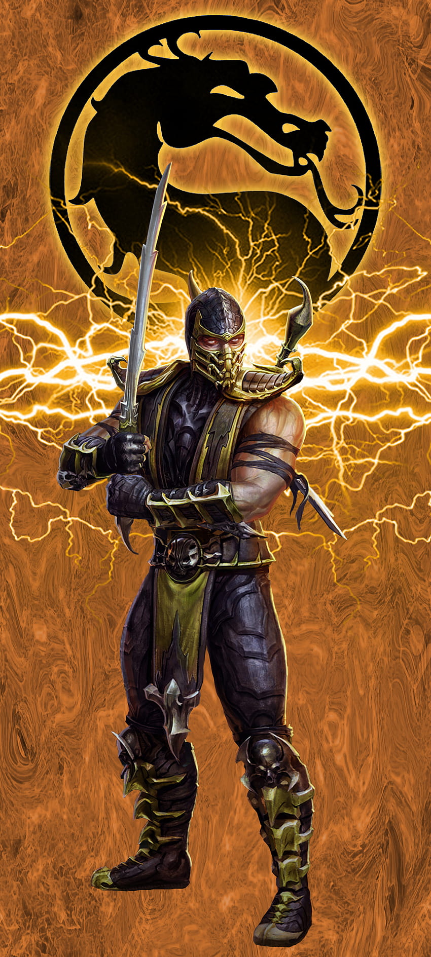 Mortal Kombat Scorpion, mortal-kombat, juego, película, amarillo, fuego, fatalidad, video, lucha, mk fondo de pantalla del teléfono