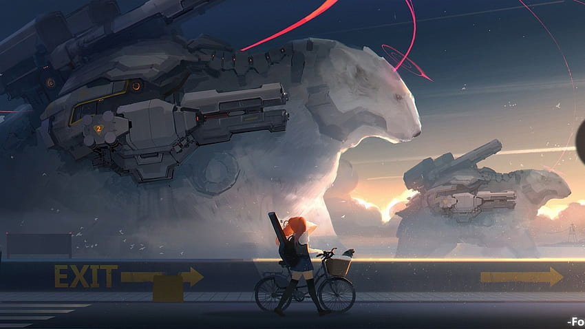 애니메이션 소녀, 공상 과학, 중화기, 자전거 HD 월페이퍼