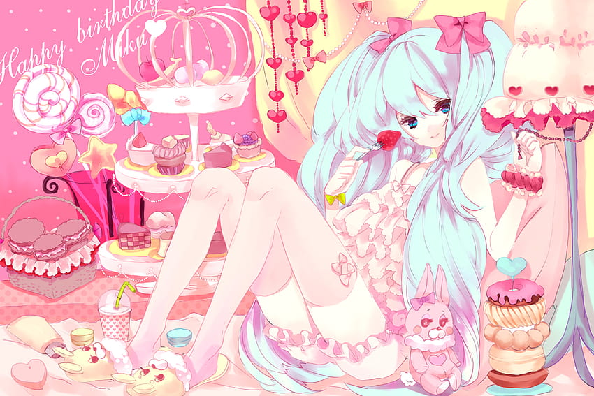 Vocaloid, süß, Mädchen, Kuchen, Miku, Pink, Anime, Hatsune, Wüste HD-Hintergrundbild