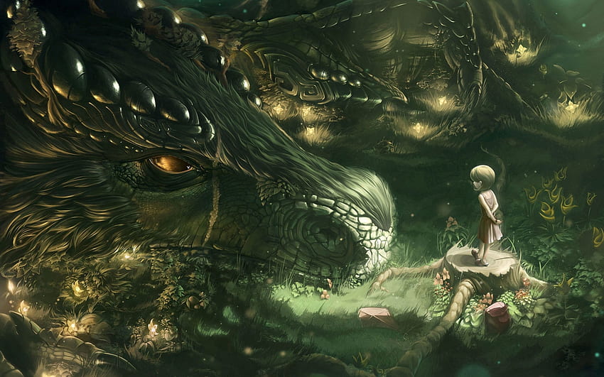 Fantasy, Art, Forest, Girl, Dragon HD wallpaper