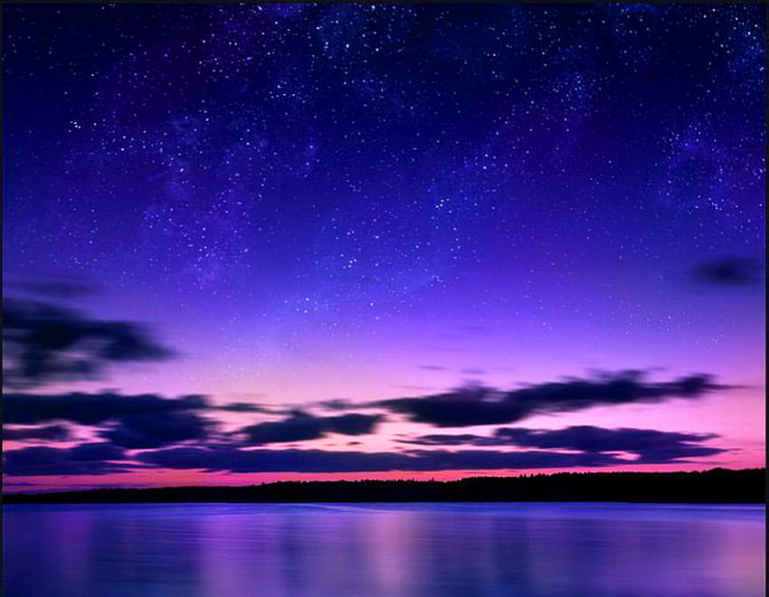 Starry starry night, night, blue, pink, reflection, clouds, sky, stars, water HD wallpaper