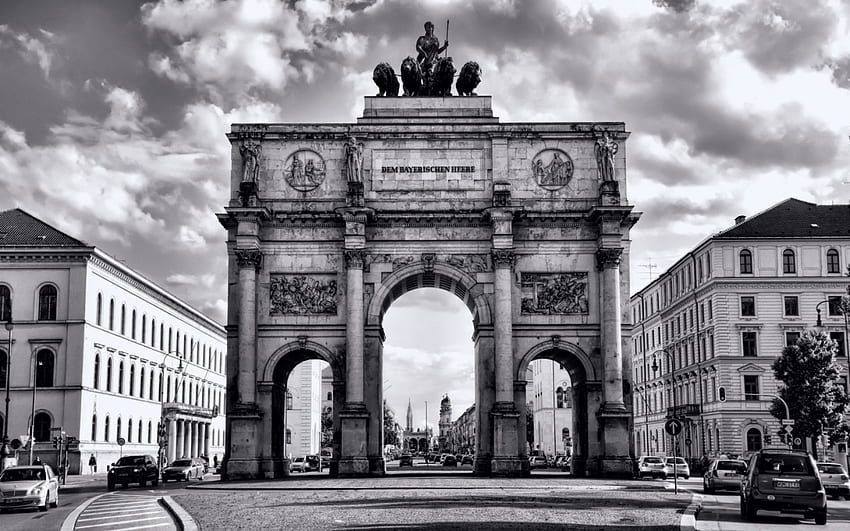 siegestor arc de triomphe à munich, ville, noir et blanc, cambre, rue, monument, ciel Fond d'écran HD