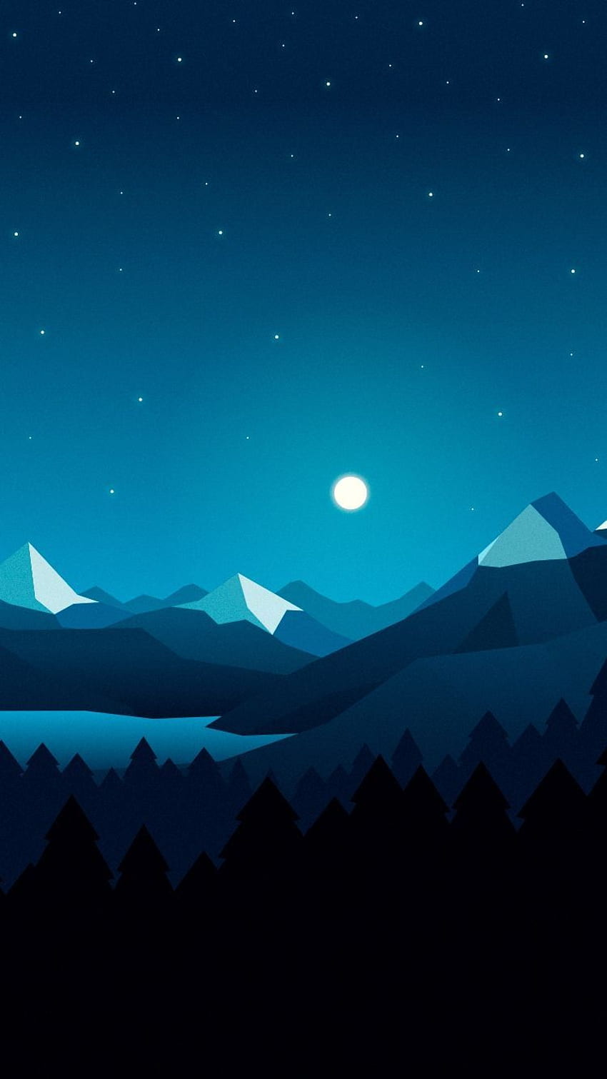 Luna sobre montañas Estrellas Arte digital IPhone. Minimalista, Mínimo, Teléfono, Móvil digital fondo de pantalla del teléfono