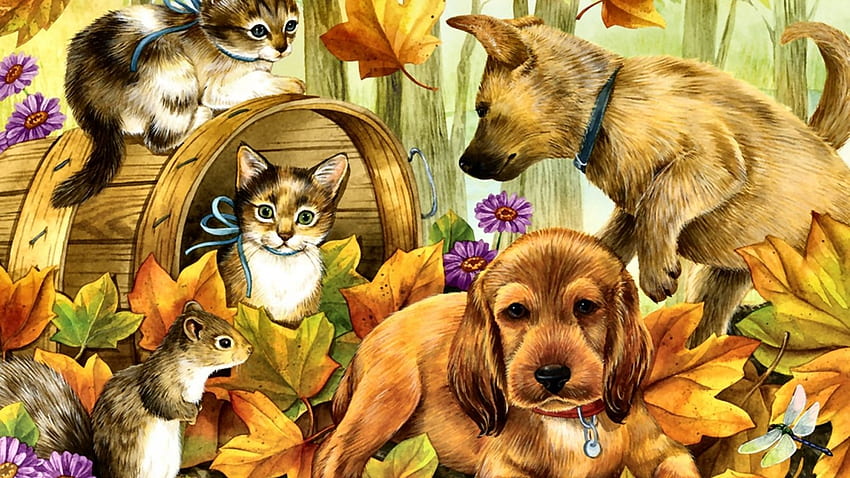 秋の友達、犬、子猫、子犬、秋、葉、猫、ペット 高画質の壁紙