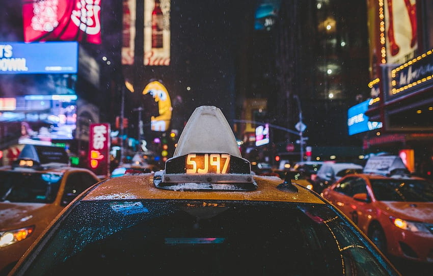 Winter, Glas, Tropfen, Schnee, Lichter, Straße, New York, Taxi, Manhattan, Autos, Nacht, Vereinigte Staaten, Neon, Times Square für , Abschnitt разное HD-Hintergrundbild