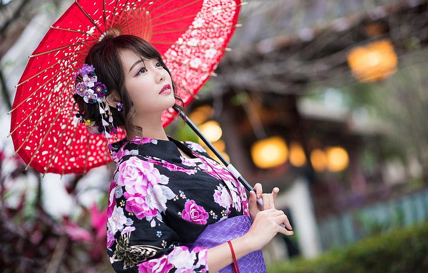girl, umbrella, kimono, Asian for HD wallpaper