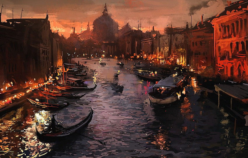 the city, lights, river, boat, the evening, Venice, art, Venice for , section живопись HD wallpaper
