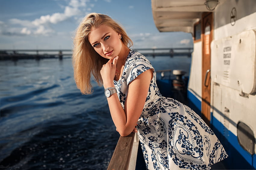 Woman on boat, blonde, wristwatch, outdoor HD wallpaper