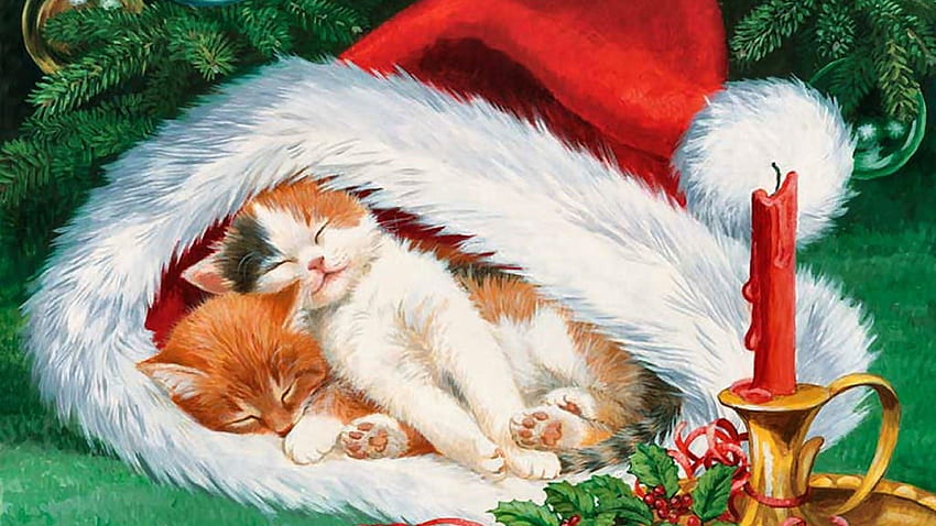 cats-artwork-cap-holiday-art-painting-pet-scenery-nap-cat-illustration-occasion-feline-december-christmas---downlo.jpg, Kerze, Deutschland, Котки, Weihnachten HD тапет