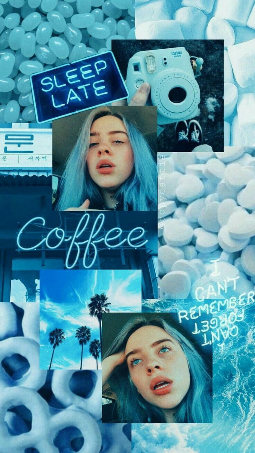 Billie Eilish Estética Azul, Billie Eilish Collage fondo de pantalla del teléfono