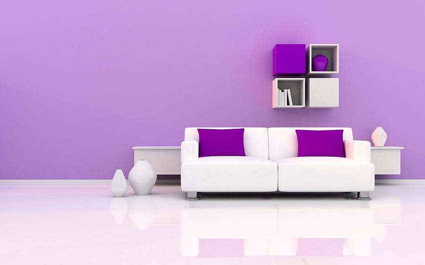 Sofa, Cushions, Pillows, Shelves, Vases HD wallpaper