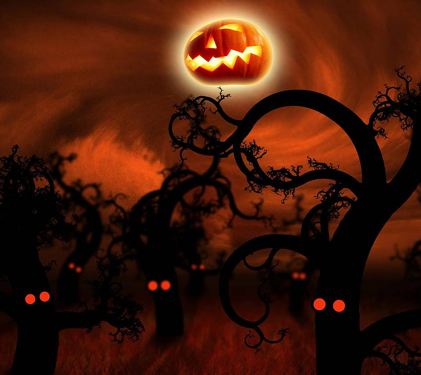 Scary Pumpkin Night, notte, halloween, spaventoso, alberi, occhi, zucca Sfondo HD