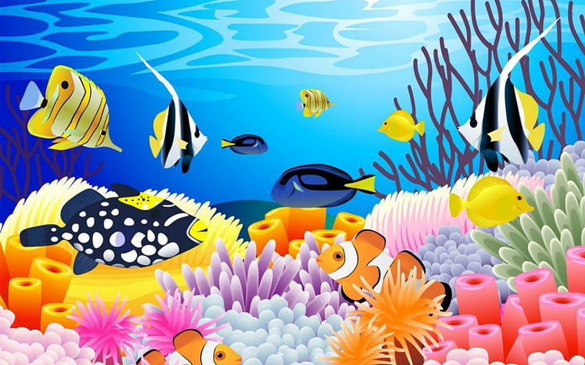 바다 밑, 바다, 물고기, 만화, 산호 HD 월페이퍼