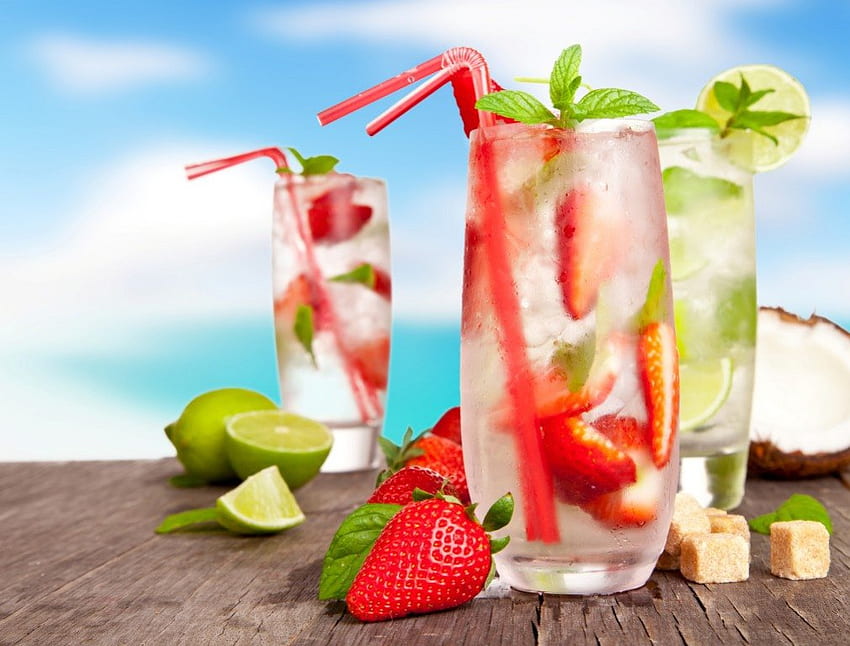 Cocktail drinks, cocktail, strawberry, glass, fruits, drinks, lime HD wallpaper