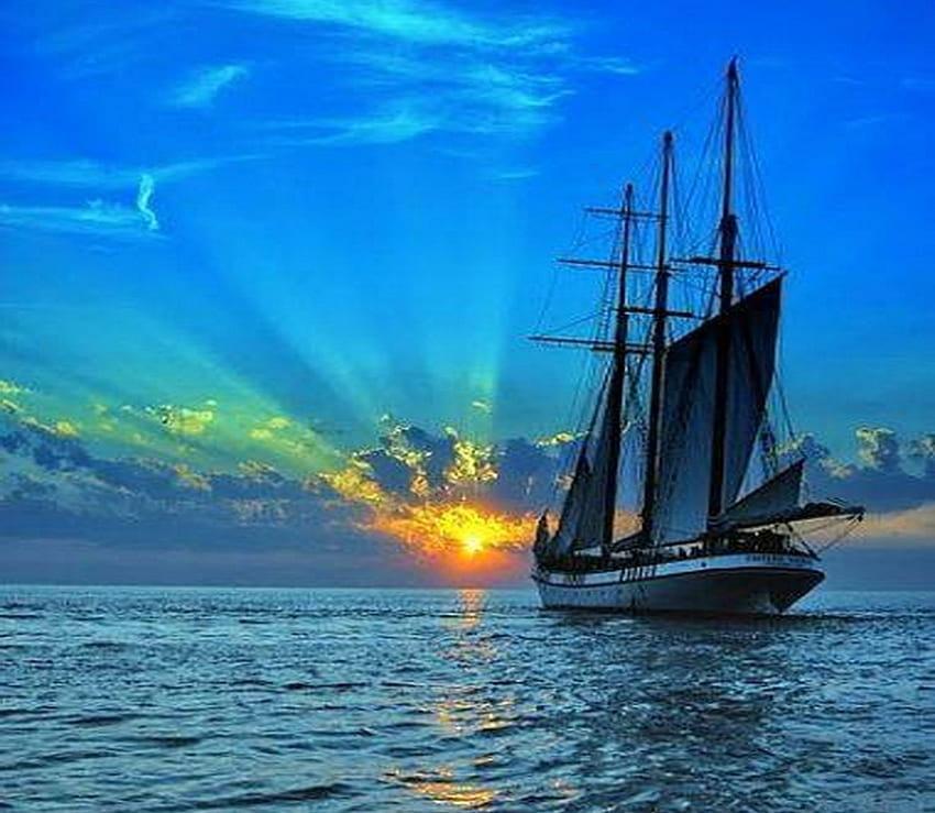 Into the blue, blue, sails, ocean, sunset HD wallpaper