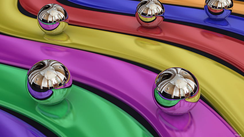 Regenbogen, mehrfarbig, bunt, 3D, Metall, schillernd, Kugeln HD-Hintergrundbild