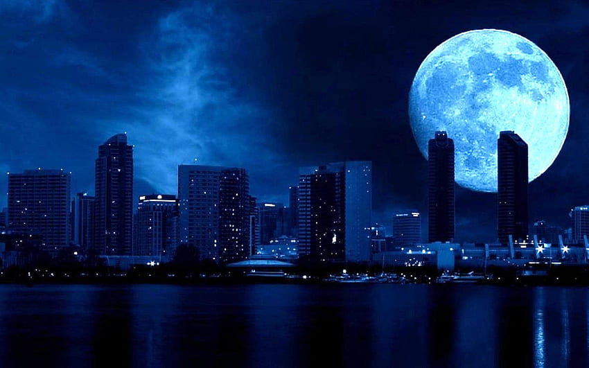 Гледка към града Blue Moon - град Нощно небе Луна -, пейзаж Sailor Moon HD тапет