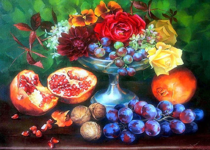 Still Life with Walnuts, tray with pedestal, pomegranate, drawings, butterfly designs, draw and paints, roses, walnuts, lovely still life, paintings, beautiful, fruits, seasons, creative pre-made, summer, love four seasons, still life, pretty, flowers, lovely HD wallpaper