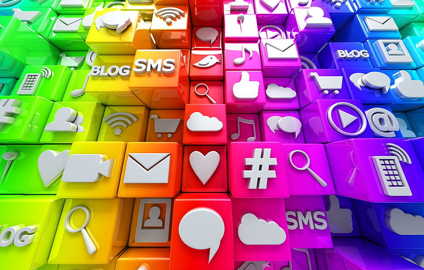 cubes, colorful, Internet, icons, cubes, icons, social network, media, social for , section рендеринг, Social Media Icons HD wallpaper