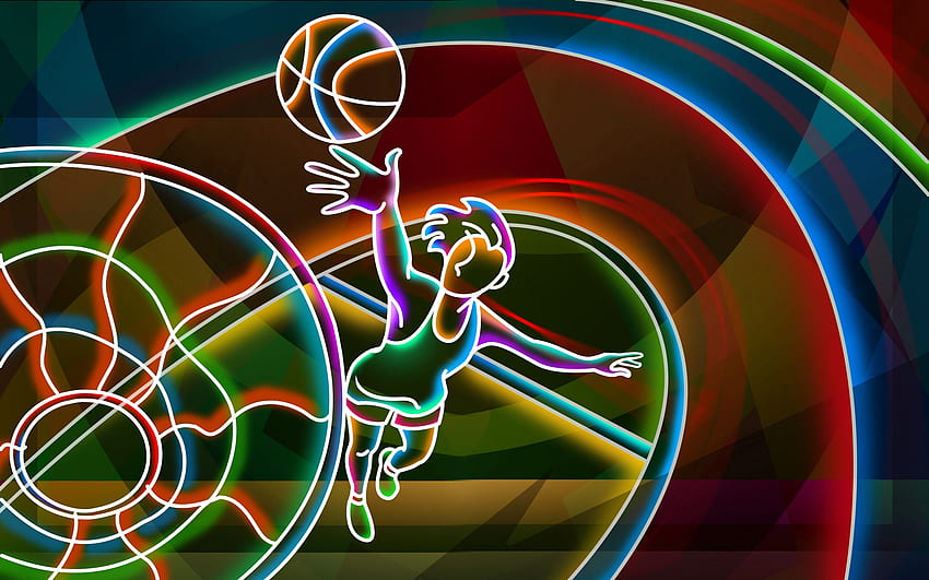 3D неонов цветен, цветен, неонов, цвят, баскетбол, спорт HD тапет