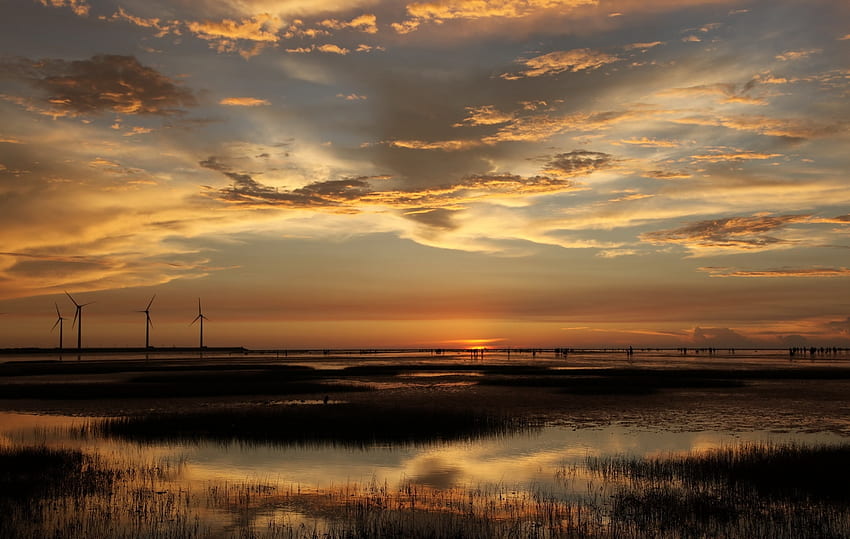 ธรรมชาติ พระอาทิตย์ตก ทะเล ชายฝั่ง ฝั่ง ตอนเย็น กังหันลม แอ่งน้ำ กังหันลม วอลล์เปเปอร์ HD