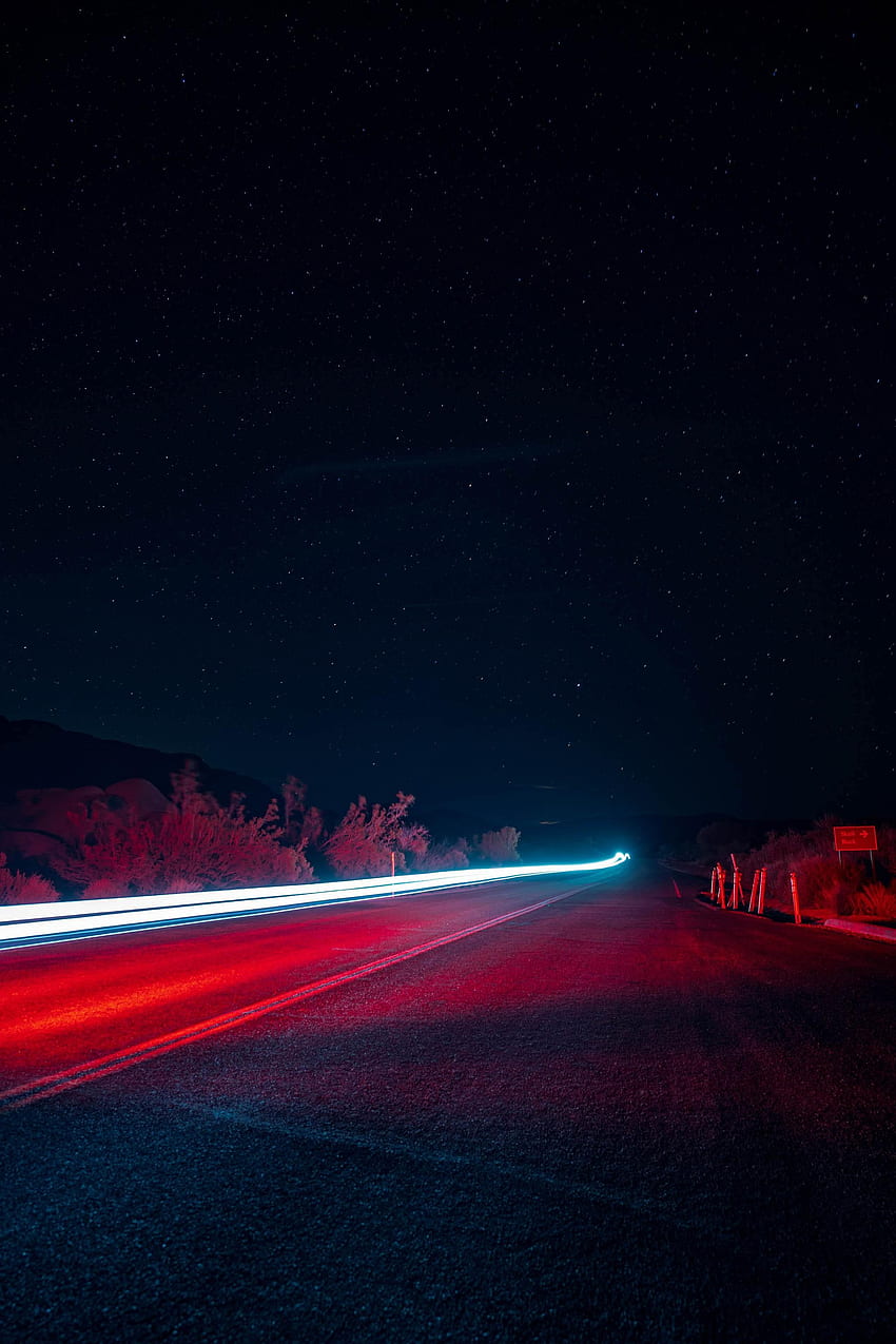 Nacht, Dunkelheit, Straße, Sternenhimmel, Langzeitbelichtung, Glühen HD-Handy-Hintergrundbild