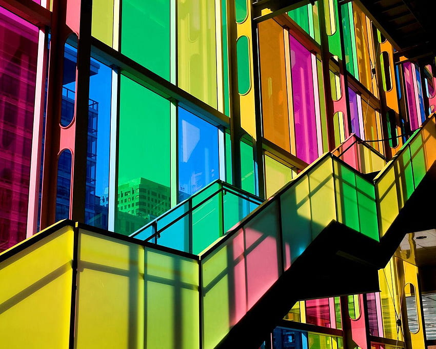 Staircase at Palais des Congres Quebec, stairs, abstract, windows, stained, colors, metal, glass, quebec HD wallpaper